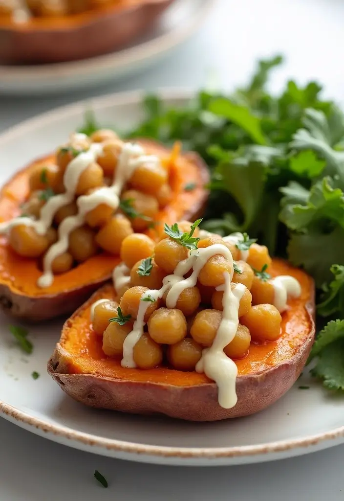 27 Healthy Sweet Potato Recipes That Are Comforting - 11. Baked Sweet Potatoes with Chickpeas and Tahini