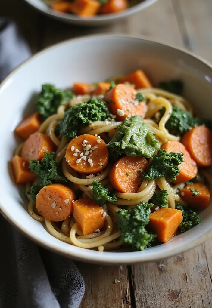 29 Pasta Primavera Recipes Healthy Dinners Full of Veggies - 22. Sweet Potato and Kale Pasta Primavera